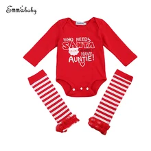 Рождество новорожденных Санта Клаус с длинными рукавами хлопковый комбинезон комбинезон, костюм в полоску гетры 2 шт. детская одежда для девочек комплект