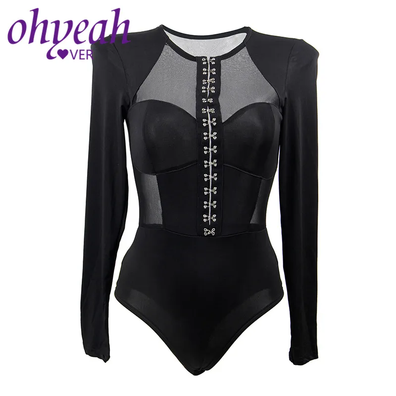 

Ohyeahlover Combinaison Femme Mesh Patchwork Sexy Bodysuit Black Bodycon Overalls Mono Women Button Hook Bodies Ladies RM80753