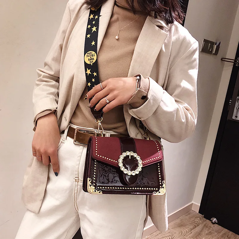 

Female Diamond Flap bag 2019 New Women's Designer Handbag Quality PU Leather Women bag Wide Strap Shoulder Bag Purse and Handbag