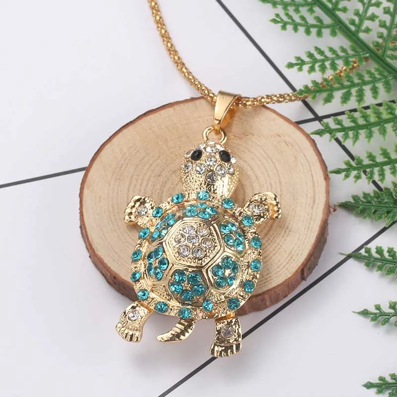 Exquisite Cute Sea Turtle Turtle Multicolor Necklace Pendant Crystal Rhinestone Long Chain Necklace Ms. Gift Jewelry