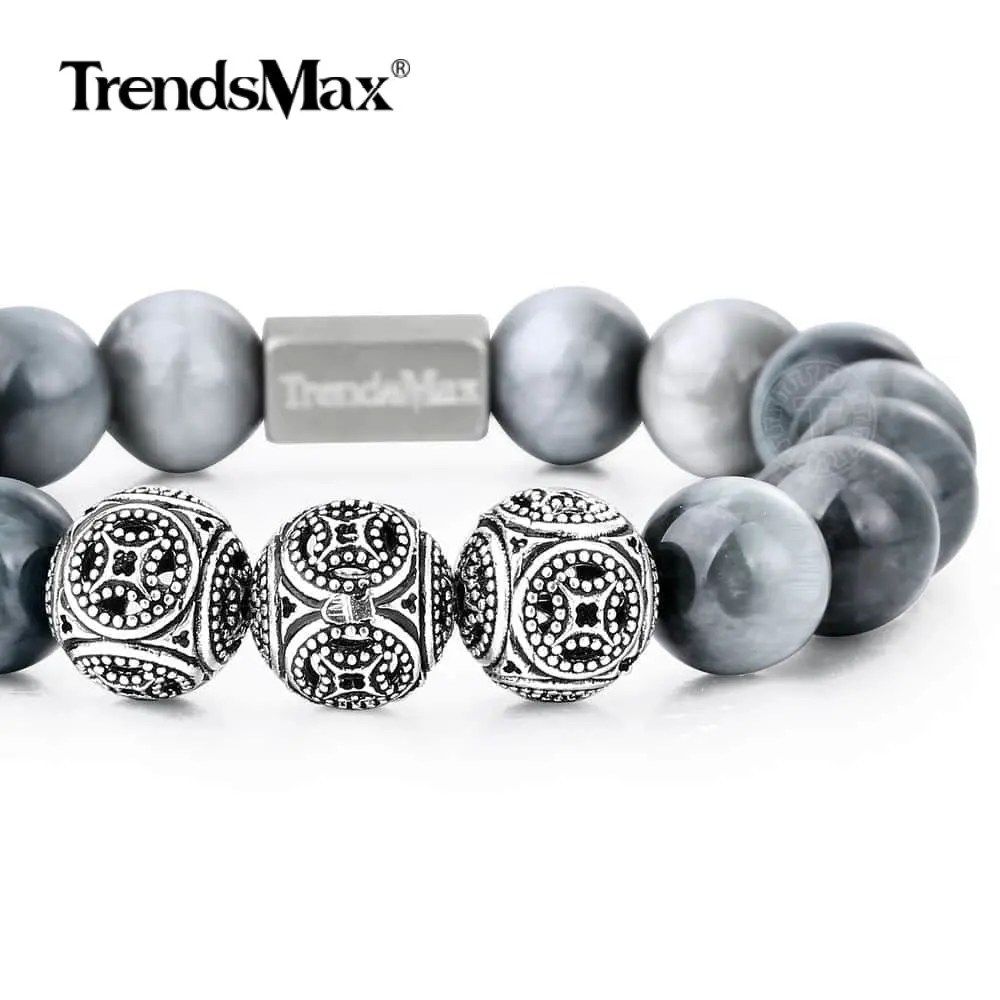 

A Eagle Eye Natural Stone Beaded Bracelet Stretch 925 Sterling Silver Beads Chain Semi precisous Gem Women Men 10/12MM TBB00505