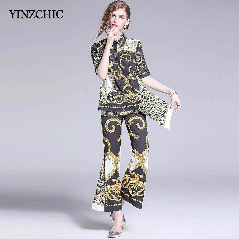 

2019 New Royal Printed Woman Suits Office Lady Blouse Pants Sets Female Street Elegant Two-pieces Set Irregular Top Flare Pants