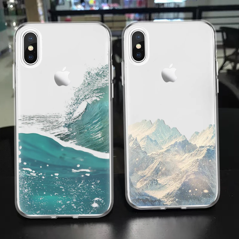Retro Sea waves Snow Mountains Soft TPU Back Cover Coque Cases For iPhone X 6 6S 7 8 Plus Mobile Phone Case Shells Fundas