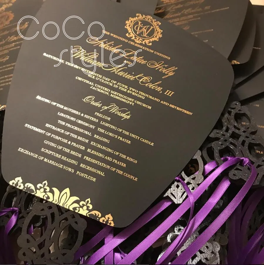  Cocostyles customized romantic fan shape invitation card with gold foiling printing for indian wedd - 32892595215
