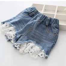 Летние шорты для девочек кружевные джинсовые шорты с цветочным принтом высококачественные хлопковые джинсы, шорты для девочек, повседневные брюки детские шорты