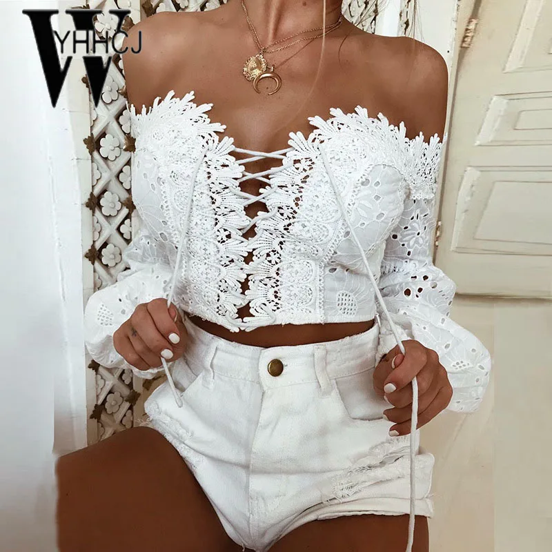 WYHHCJ 2018 sexy backless women t shirt lantern long sleeve crop top summer tshirt bodycon patchwork hollow out lace up t-shirt