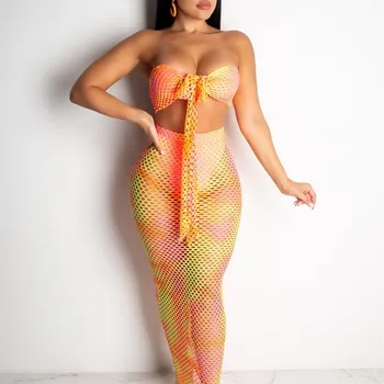 

2019 Sexy Mesh Beach Fishnet 2 Piece Set Women Off Shoulder Crop Top Wide Leg Pants Hollow Out Two Piece Set