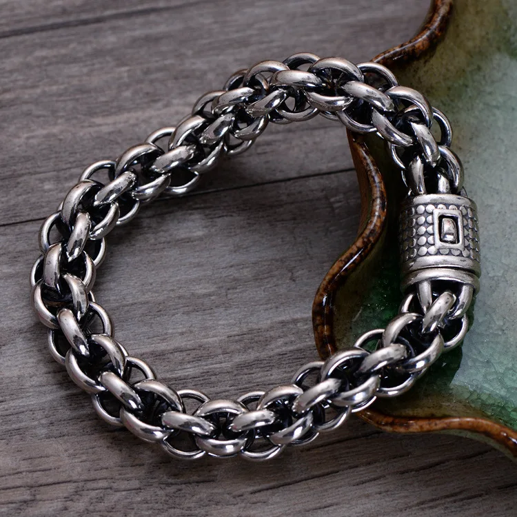 

925 Sterling Silver Vintage Thai Wide Heavy Retro Men Bracelets Jewelry Bubble Circle Lock CH058602