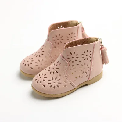 SKOEX/короткие ботинки для девочек; обувь принцессы для девочек; мягкие кожаные детские зимние ботинки на молнии для девочек с бахромой и цветочным узором и вырезами - Цвет: Розовый
