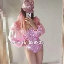 Модный Розовый боди с бриллиантами, наряд для певицы, одежда, сверкающие стразы, платье, карнавальный костюм, трико на заказ