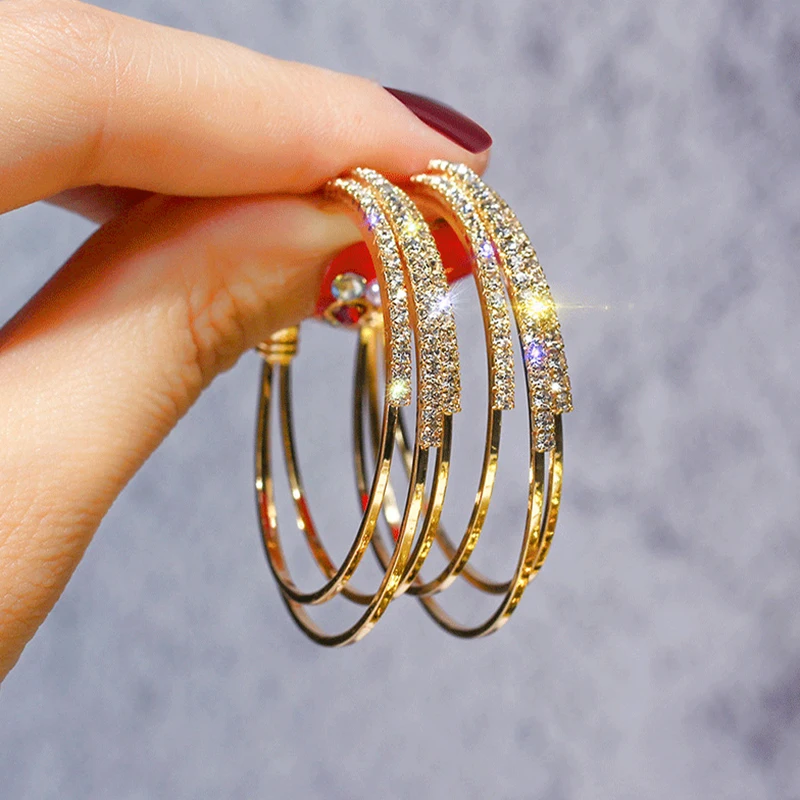 

Multilayer Round Shining Rhinestone Korea Earrings Gold Silver Rose Gold Circle Earrings for Party Jewelry Brinco