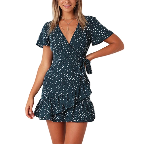 Женская короткая пляжная туника с запахом TIGENA, летнее мини-платье в горошек для женщин на лето - Цвет: Blue-Green