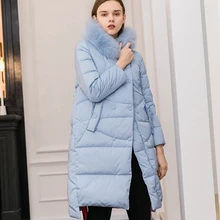 Женский зимний Плотный синий пуховик для женщин с настоящим большим меховым воротником и капюшоном, Повседневная парка, модное Свободное пальто высокого качества Z375