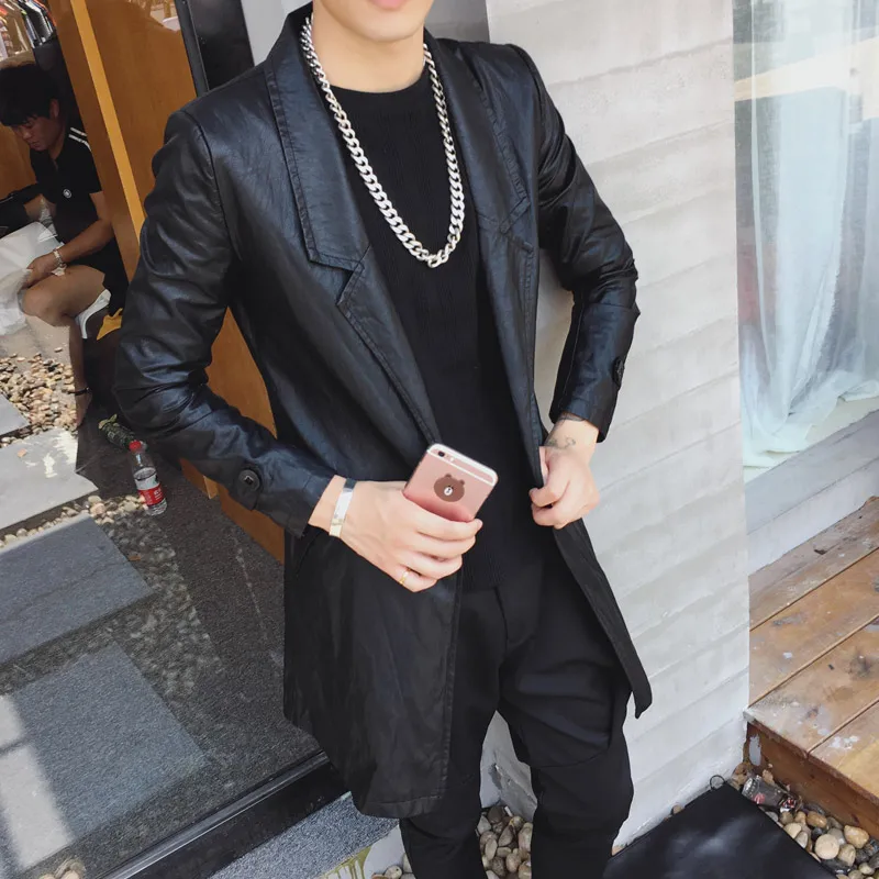 2016 Men's clothing autumn suit collar slim leather clothing medium-long no button leather trench PU outerwear Singer costumes