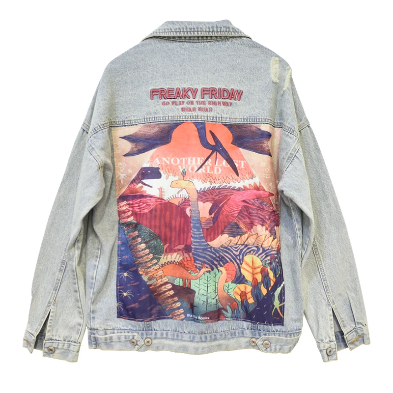 

Spring Jean Jacket Hole Female Basics Coat Casual Long Sleeve Outwear Hip Hop Print Coats Loose Style Bomber Jacket Women