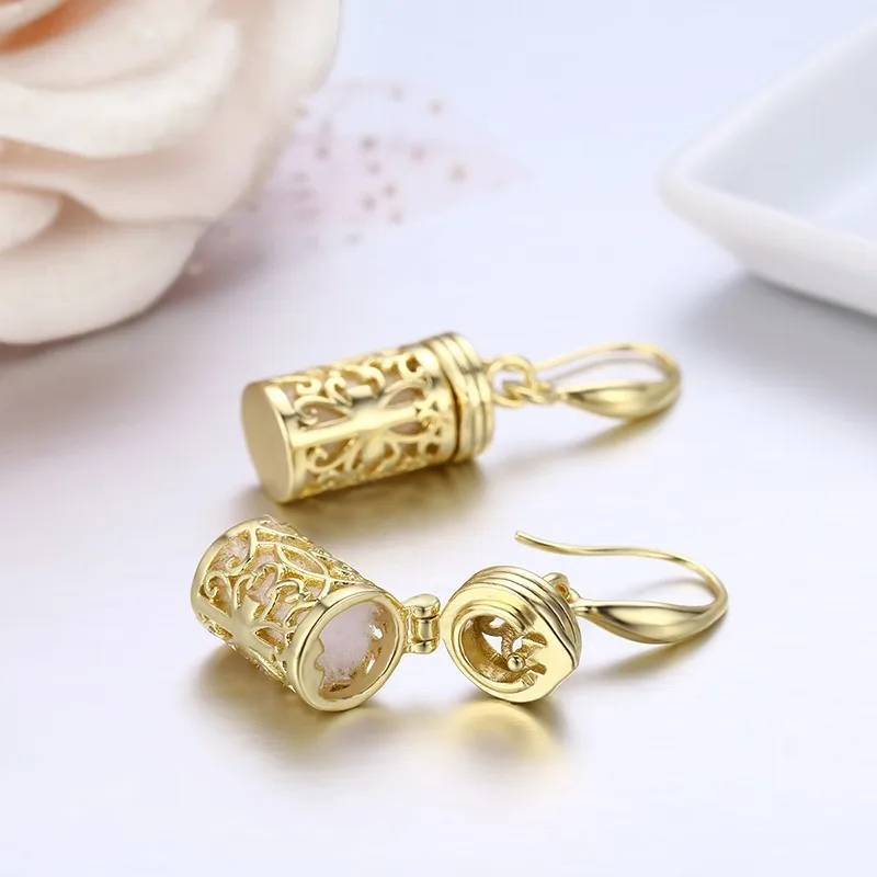 

Brass w Gold Color Hollow Out Filligree Cross Perfume Bottle Essential Oil Diffuser Drop Dangle Earrings For Women Girls Jewelry