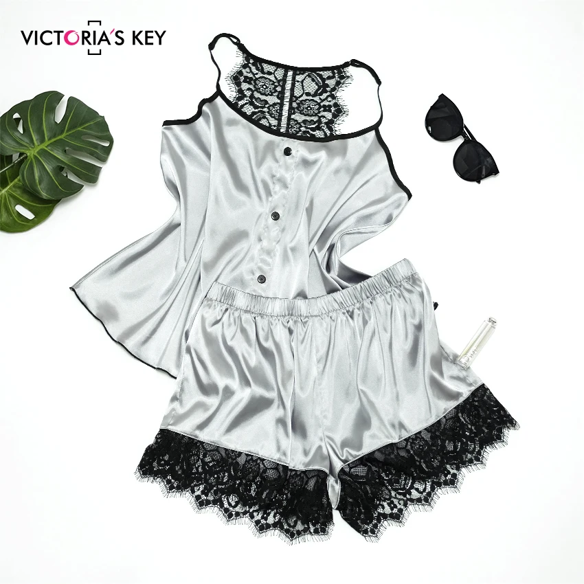 

VICTORIA'S KEY Silver Floral Lace Satin Cami PJ Set Pajamas For Women Spaghetti Strap Sleepwear Summer Female Sexy Pajama Set