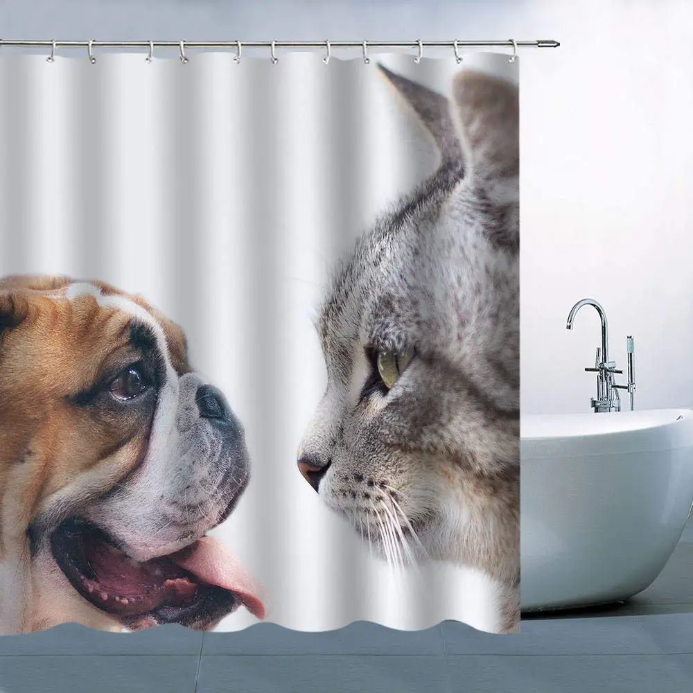 Personality Animal Dog Cat Pattern Theme Shower Curtain Dog Cat Staring