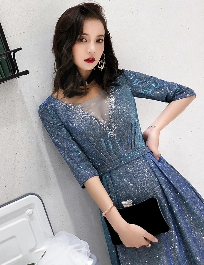 Evening Dresses Long Pretty Sexy Friendly Fabric Half Sleeves O-neck Ruched Beading Sparkle New Formal Party Gowns 2019 Evening Dresses Long Pretty Sexy Friendly Fabric Half Sleeves O-neck Ruched Beading Sparkle New Formal Party Gowns 2019