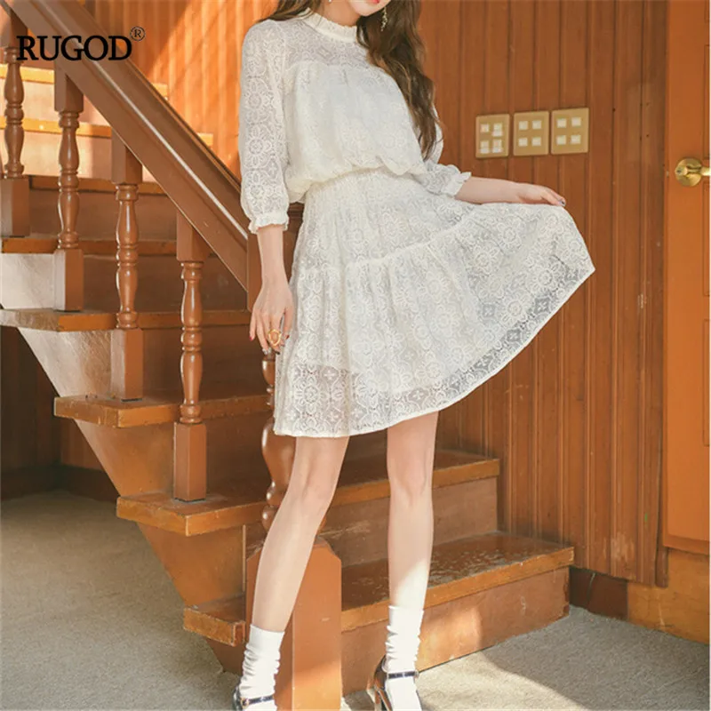 Женское ажурное платье RUGOD с кружевными краями однотонное летнее высокой