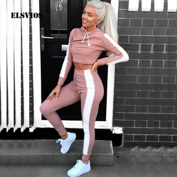 

ELSVIOS 2018 Autumn Tracksuit Women Two Piece Set Hoodies Sweatshirt and Pant Female Casual Sportswear Set 2 Piece Set Crop top