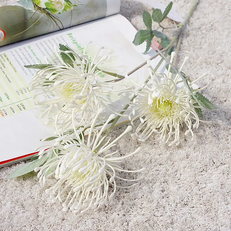 3 головки/ветка Leucospermum искусственные цветы для украшения свадьбы Искусственные цветы Пластиковые поддельные цветы Флер искусственное - Цвет: White