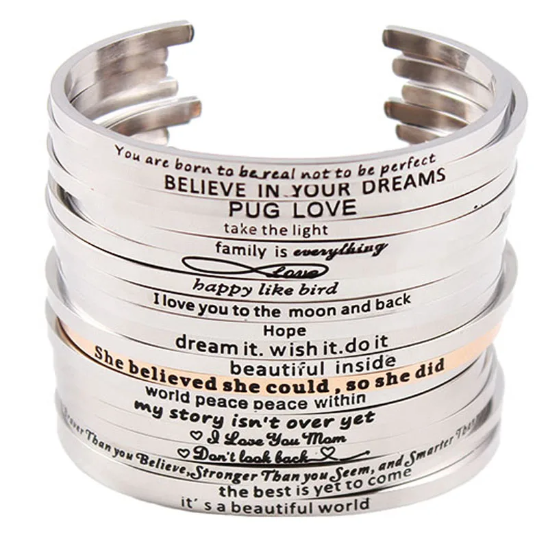 

2017 Stainless Steel Mantra Bracelet Positive Inspirational Quote Handmade Cuff Engraved Bangle Bracelet For Women Best Gift