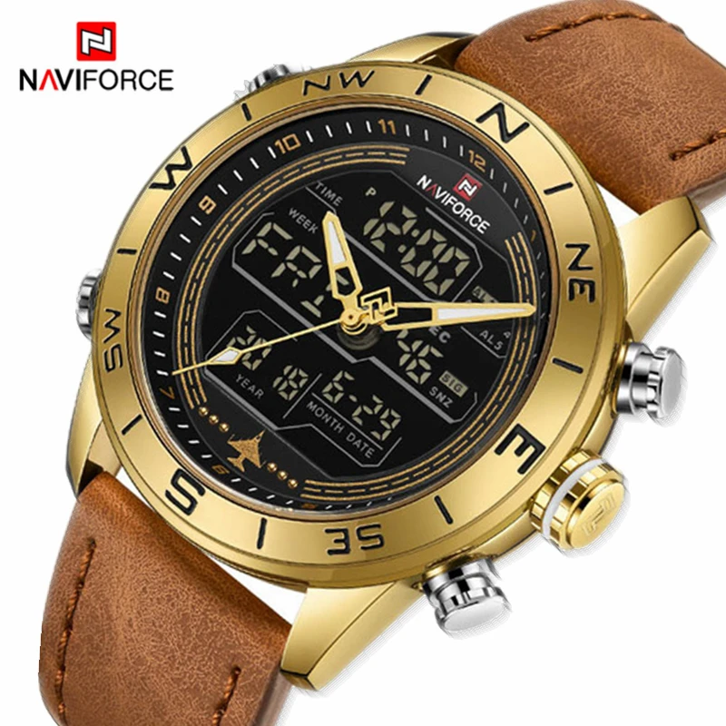 NAVIFORCE 9144 мужские часы модные золотые спортивные светодиодные цифровые кварцевые