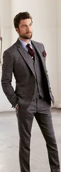 Tanie 2017 Najnowsze Wzory Płaszcz Pant Szary Tweed Mężczyźni Garnitur Kurtka Groom Tuxedo Slim Fit Skinny 3 Kawałek W Stylu Garnitury Klienta Blazer Masculino