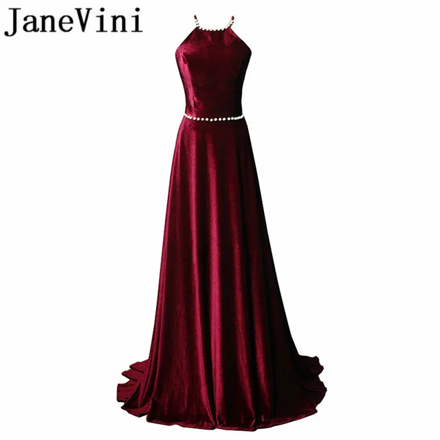Cheap JaneVini 2018 Sexy Velvet Burgundy Long Bridesmaids Dresses Halter A-Line Beaded Backless Sweep Train Formal Party Prom Gowns Cheap JaneVini 2018 Sexy Velvet Burgundy Long Bridesmaids Dresses Halter A-Line Beaded Backless Sweep Train Formal Party Prom Gowns