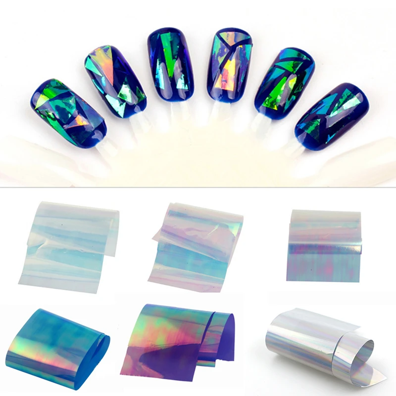 6 Pcs Nail Art Broken Mirror Laser Glass Paper Tips Nail Art Irregular Aurora Shell Platinum Foil Decal Sticker Candy Color 50cm Stickers Decals Aliexpress
