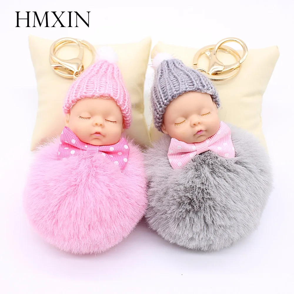 New Cute Sleeping Baby Doll Keychain Pompom Rabbit Fur Ball Key Chain