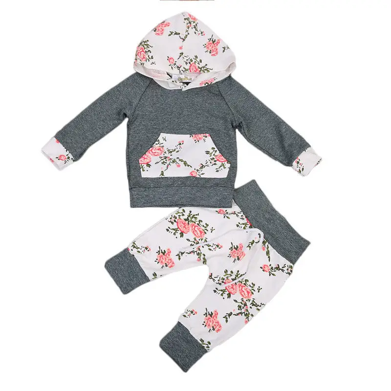 Цветочные новорожденных одежда для малышей с капюшоном для девочек с топы и длинные штаны комплект одежды От 0 до 2 лет