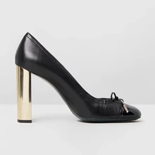 Original Intention Woman Pump Butterfly-knot Square Heels Slip-On Pointed Toe Black Patent Leather Shoes Women US Size 4-16