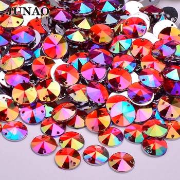 

JUNAO 10mm Red AB Rivoli Rhinestones Flat Back Crystal Applique Sew On Acrylic Stones Sewing Round Beads for Clothes Crafts