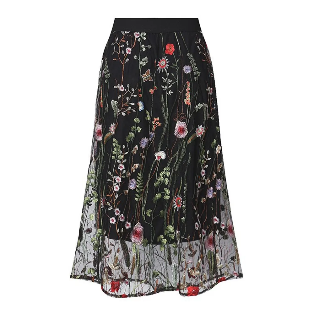Лето эластичный пояс плюс Размеры 5XL богемный цветочной вышивкой юбка миди Офисные женские туфли цветок кружева сетки женский, Черный Длинные юбки - Цвет: Черный