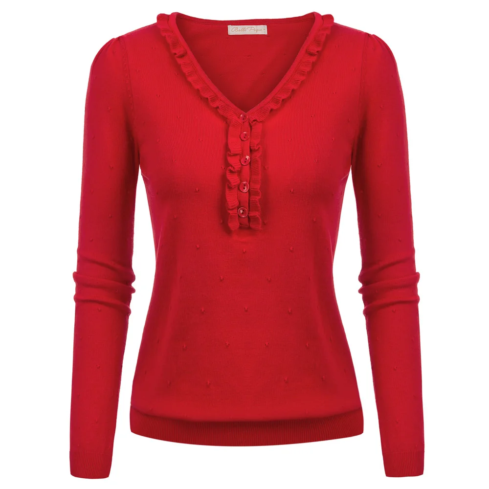

elegant Women sweater knitting tops V-Neck Ruffles buttons polka Dots Pullover Knitwear vintage retro warm autumn Knitted top