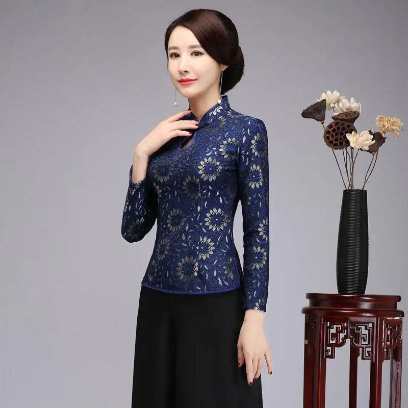 Китайские традиционные Стиль женский рубашка Повседневное воротник-стойка Блузка фиолетовый Кнопка Тан Кружева цветочные Костюмы плюс Размеры S-4XL - Цвет: Navy Blue