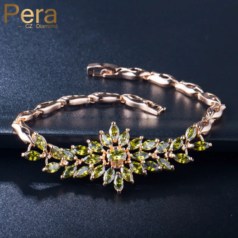 

Pera Fashion Yellow Gold Color Women Jewelry Big Leaf Shape Olive Green Crystal Stone Flower Link Bracelet for Party Gift B149