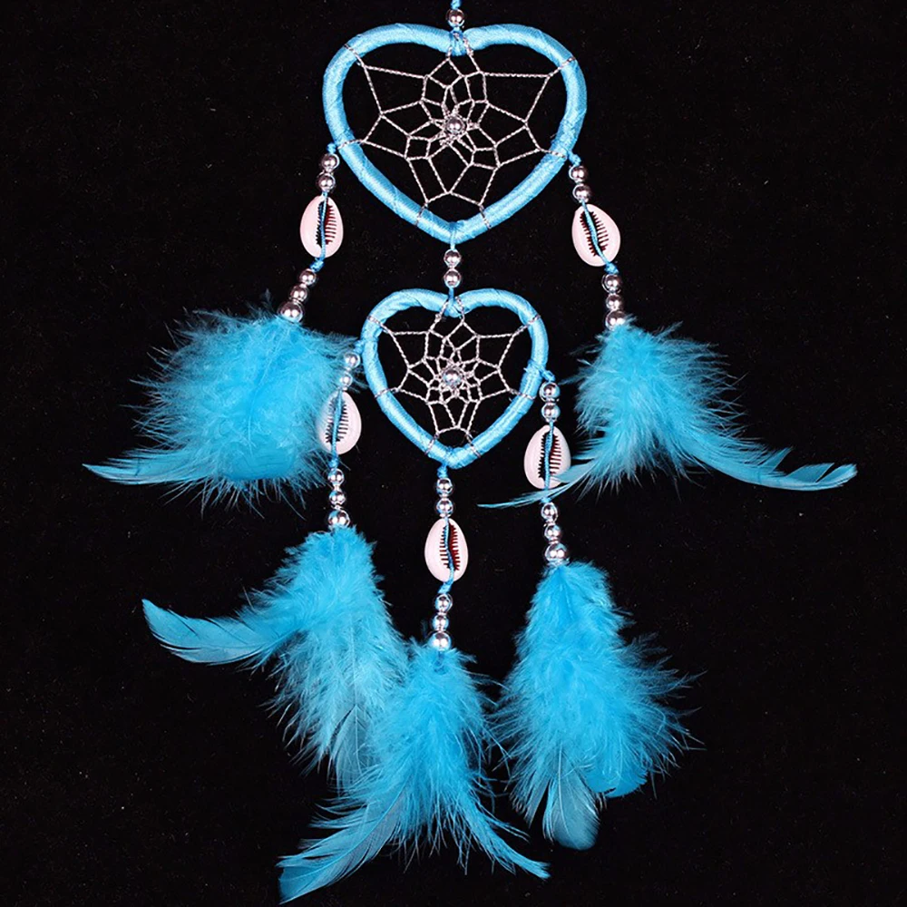 Original Double Hearts Dream Catcher Net With Feathers Shell Pendant