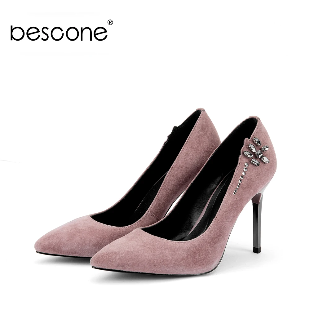 

BESCONE Genuine Leather Shoes Spring High Heels Women's Classic Thin Heels Pointed Toe Pumps Fashion Party And Wedding Shoes A74