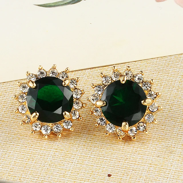 Crystal Green Round Wedding Earrings Plated Gold Korean Fashion Crystal Green Round Wedding Earrings Plated Gold Korean Fashion Statement Online Ping India Studs Yy0226