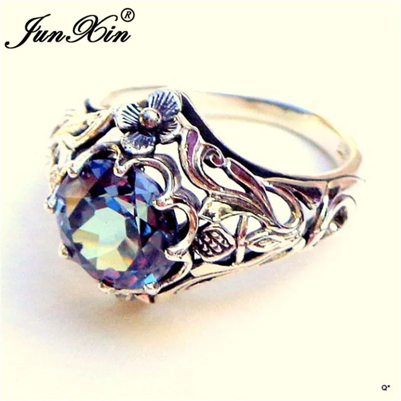 JUNXIN Antique Silver Rainbow Birthstone Rings For Men Women Big Round Zircon Wedding Bands Male Female Flower Charm Ring Gifts