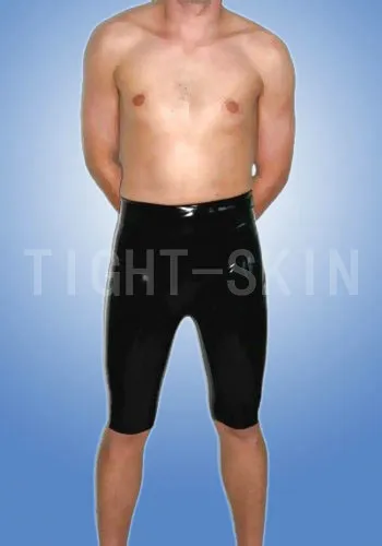 Rubber trousers latex shorts for men with 2 way crotch zippers half length pants