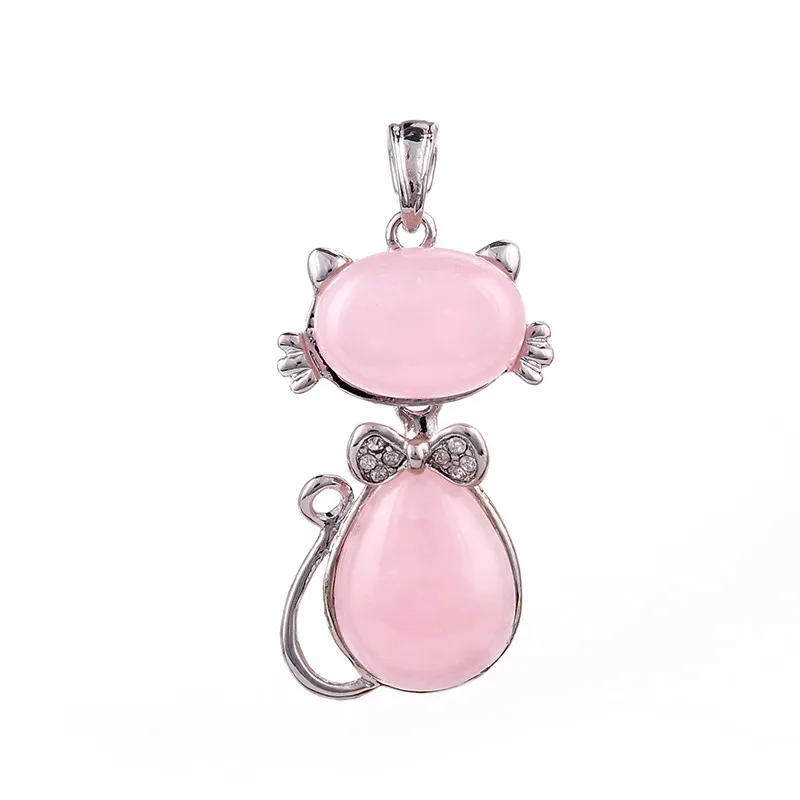 

Natural Stone Pink crystal Opal Cartoon Cat Pendants Reiki Pendulum Charm Healing Chakra Amulet Europe Fashion Jewelry For Women