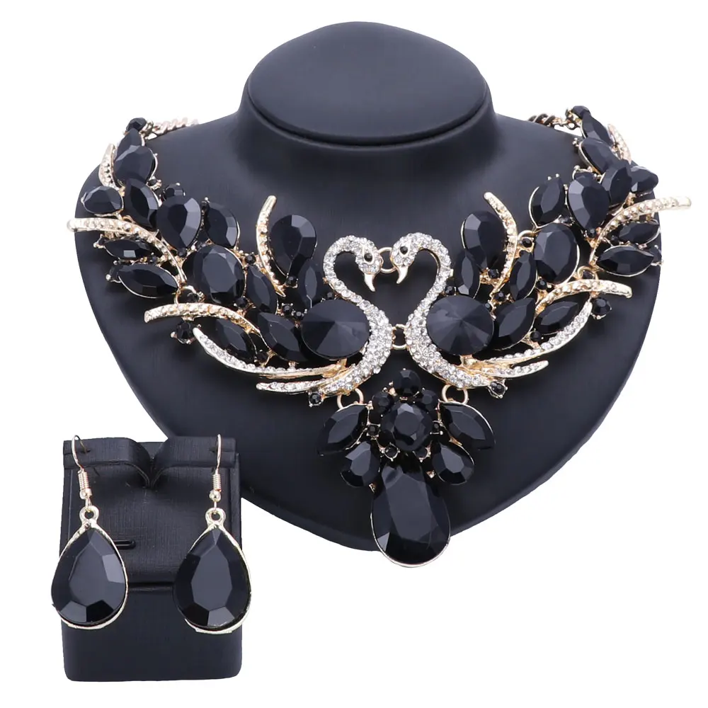 

Fashion Crystal Bridal Jewelry Sets Double Swan Gold Color Women Gift Party Wedding Prom Necklace Earring Accessories Sets