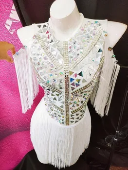 

Full Rhinestones Mirrors White Tassels Bodysuit Birthday Celebrate Dance Outfit DJ Female Singer Stage Show Bodysuits