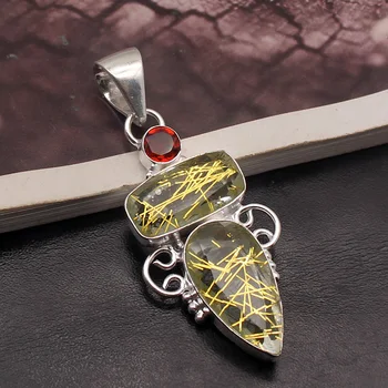 

Hermosa Charms Gold Rutilated Quartz RedGarnet Necklace Pendant Charms 2 1/4 Inch A94