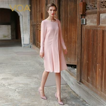 VOA Plus Size Pearl Beading Office Silk Dresses Elegant Pink Women Midi Dress Long Sleeve vestidos modis befree sukienki A7717 plus pearl beading bell sleeve jumper