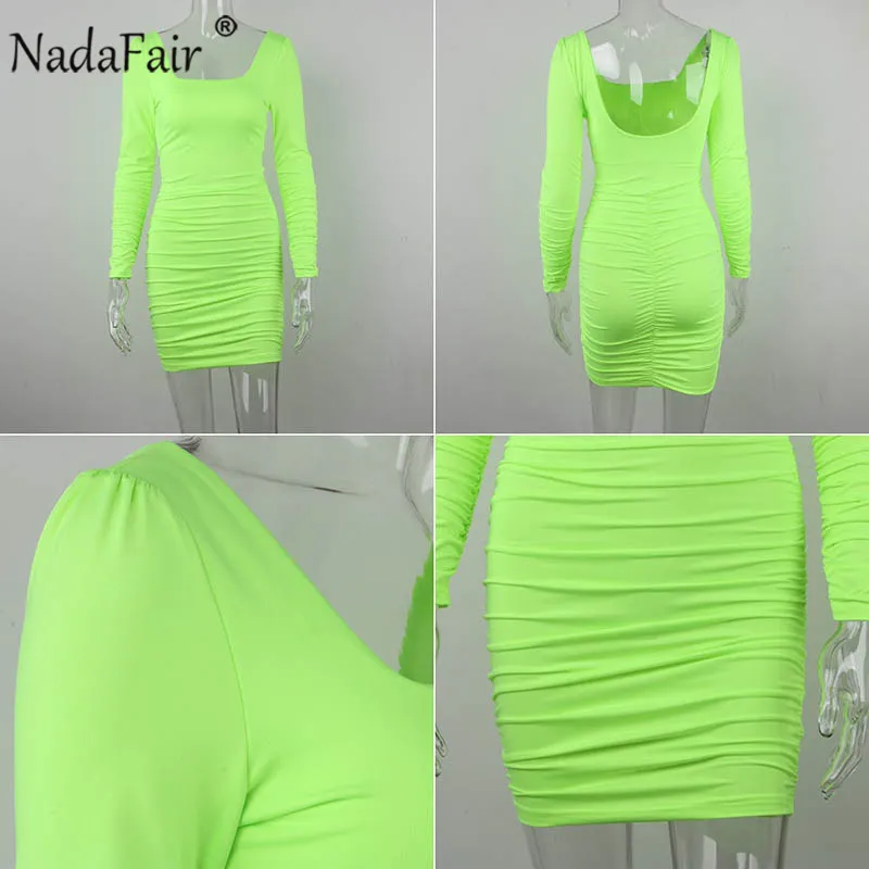 Nadafair/осенне-зимнее облегающее платье с длинными рукавами и открытой спиной, женское мини-накидка с квадратным воротником и рюшами, Клубные вечерние платья, неоновые, зеленые, белые